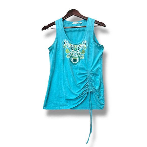 Athleta Tank Top Embroidered Ruched Drawstring Sleeveless Casual Blue S‎ - Picture 1 of 6